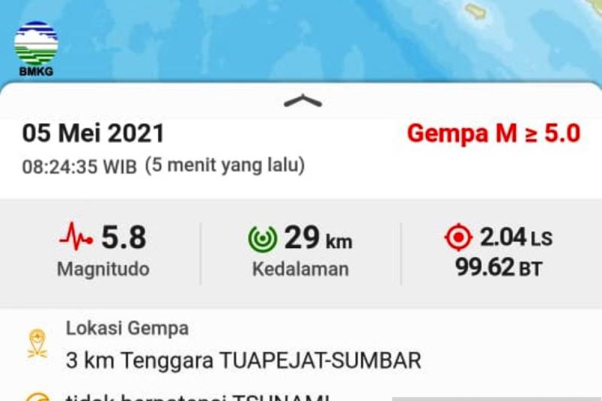 Gempa magnitudo 5,8 di Mentawai tak berpotensi tsunami