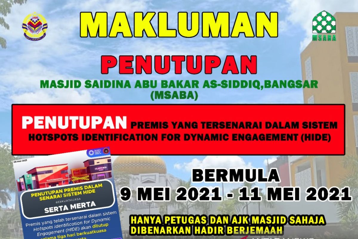 Pemerintah Malaysia menutup dua masjid  yang beresiko tularkan COVID-19