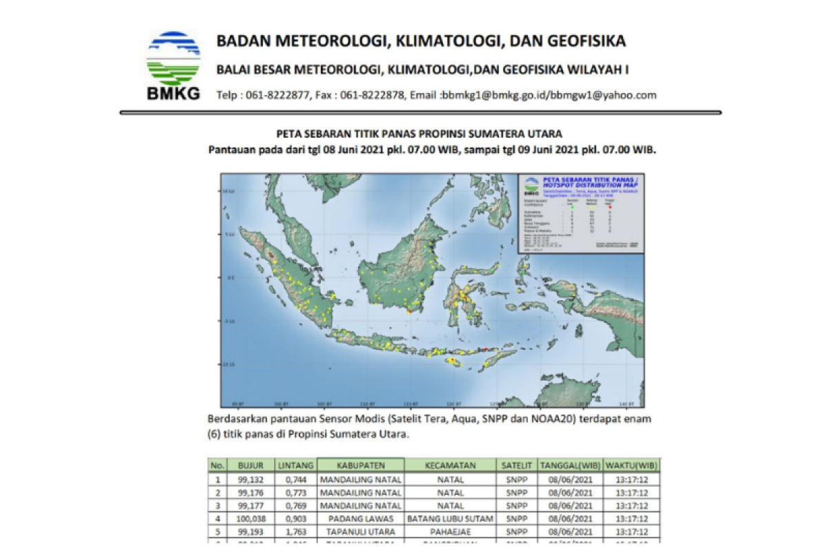 BMKG: Terpantau  enam titik panas di Sumatera Utara
