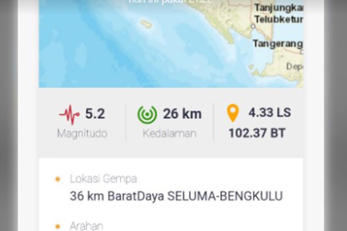 Gempa bumi magnitudo 5,2 guncang Bengkulu