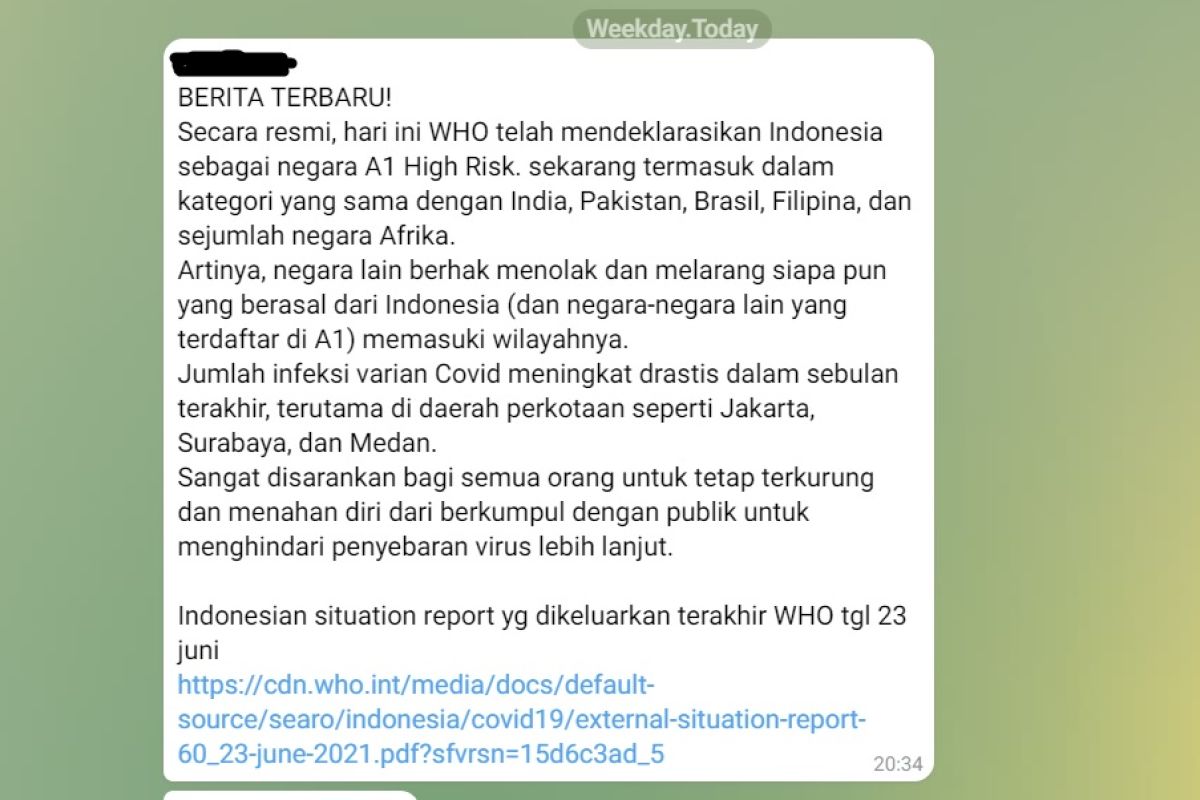 Hoaks, WHO tetapkan status Indonesia A1 risiko COVID-19