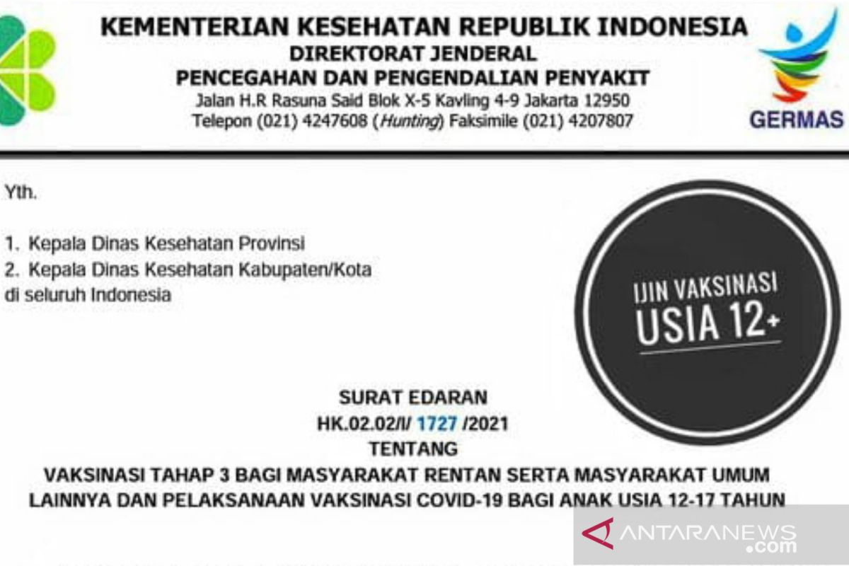 Kemenkes terbitkan surat edaran panduan vaksinasi kelompok anak 12-17 tahun