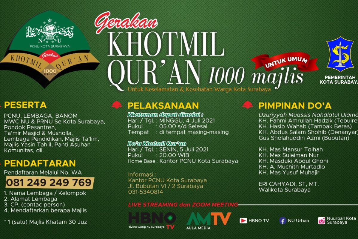Hadapi COVID-19, Gerakan Khotmil Quran 1.000 majelis digelar di Surabaya 4-5 Juli