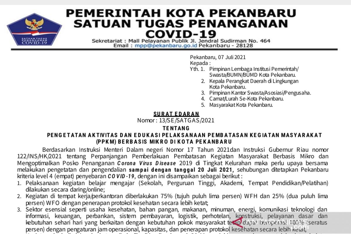 PPKM Mikro Pekanbaru hingga 20 Juli hotel buka, tempat hiburan tutup