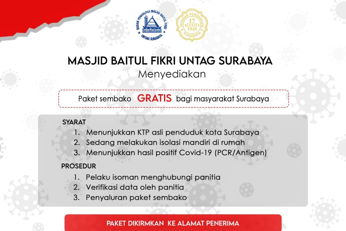 Masjid Baitul Fikri Untag Surabaya berikan sembako gratis bagi warga isoman