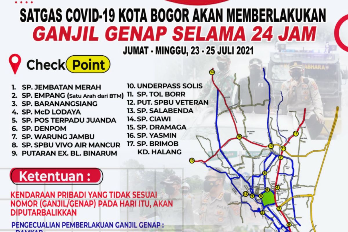 Polresta Bogor Kota siapkan 17 lokasi penyekatan ganjil-genap kendaraan bermotor