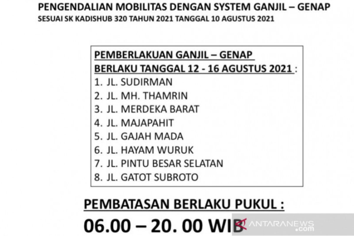 Ganjil-Genap di Jakarta diberlakukan kembali pada 12-16 Agustus