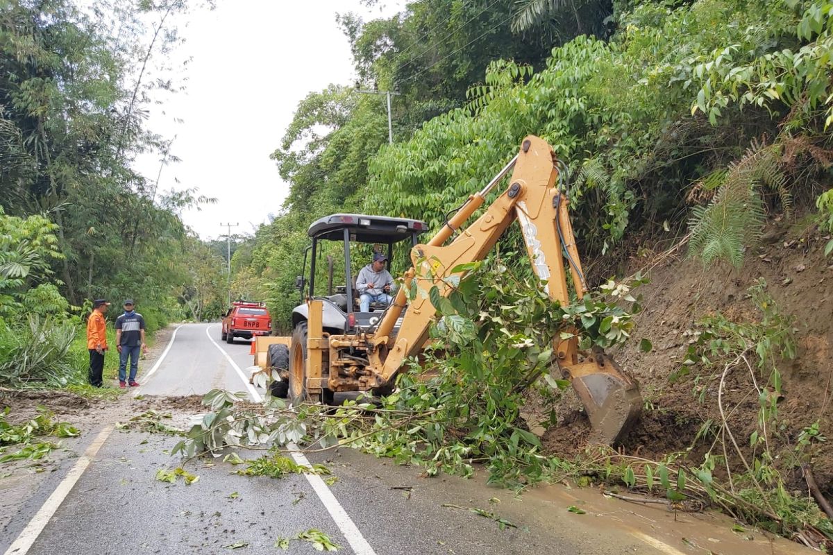 Alat berat sedang bersihkan material longsor timbun jalan di Panta