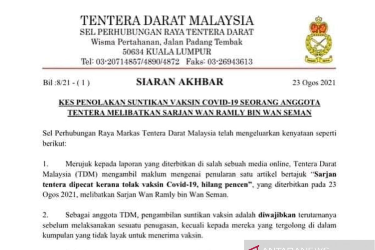 Menolak vaksin, tentara Malaysia dipecat