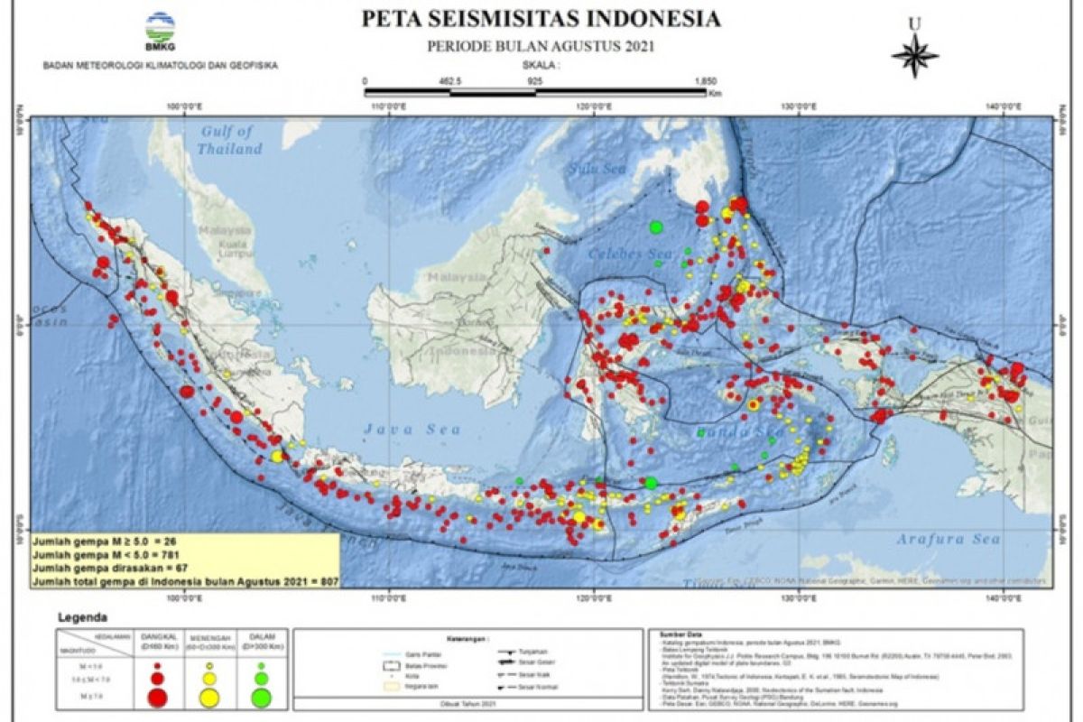 BMKG: Selama Agustus 2021 terjadi 807 kali gempa tektonik di Indonesia