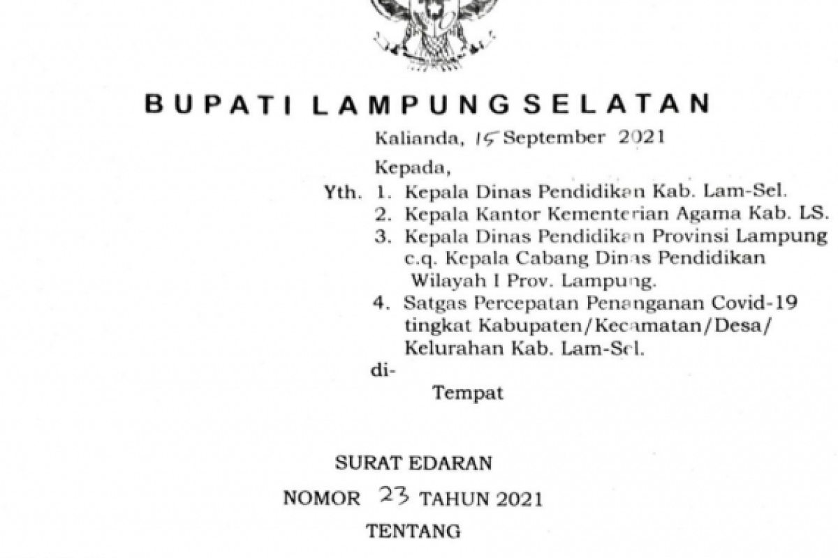 Bupati Lampung Selatan keluarkan surat edaran PTM terbatas SD dan SMP mulai 20 September 2021