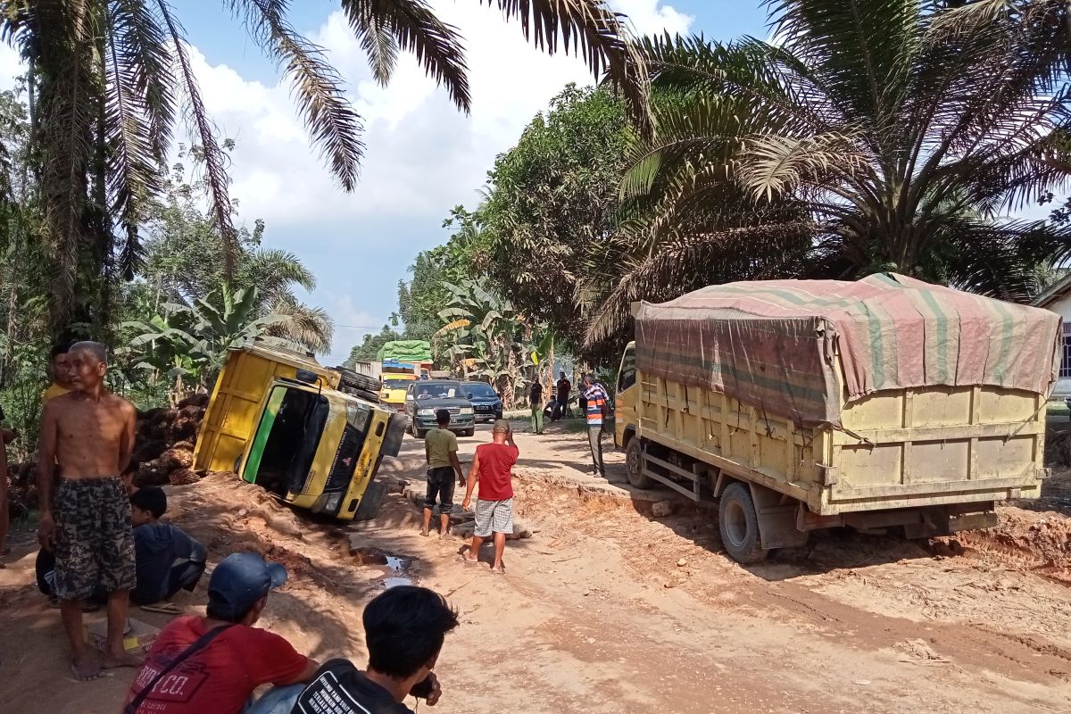 Jalan rusak parah, truk bermuatan sawit terguling di Tanjung Pauh Mestong