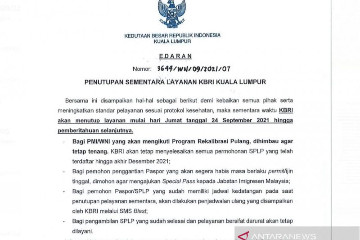 KBRI Kuala Lumpur tutup layanan sementara