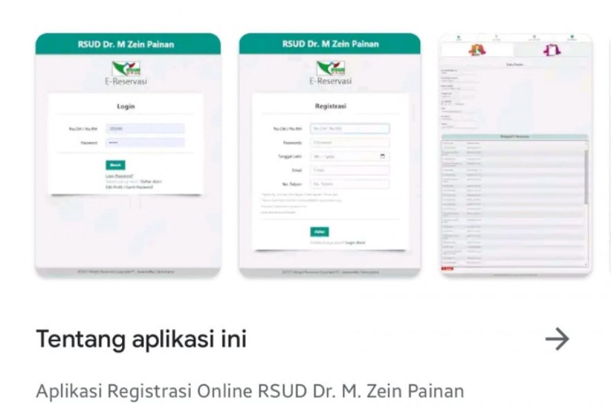 Aplikasi pendaftaran online RSUD dr M Zein Painan sudah tersedia di playstore