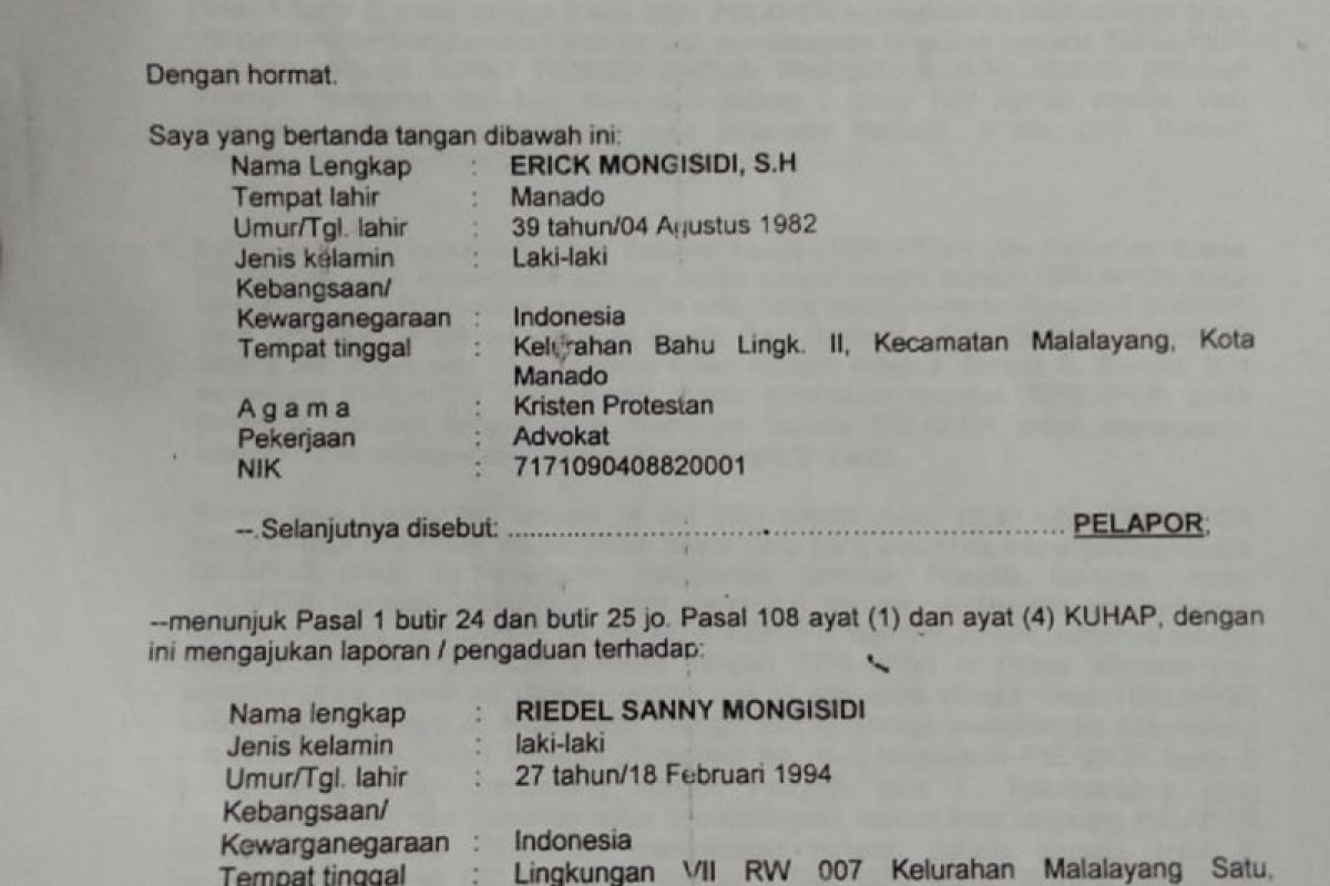 Erick Mongosidi Pertanyakan Laporan Tak Diproses di Polda Sulut