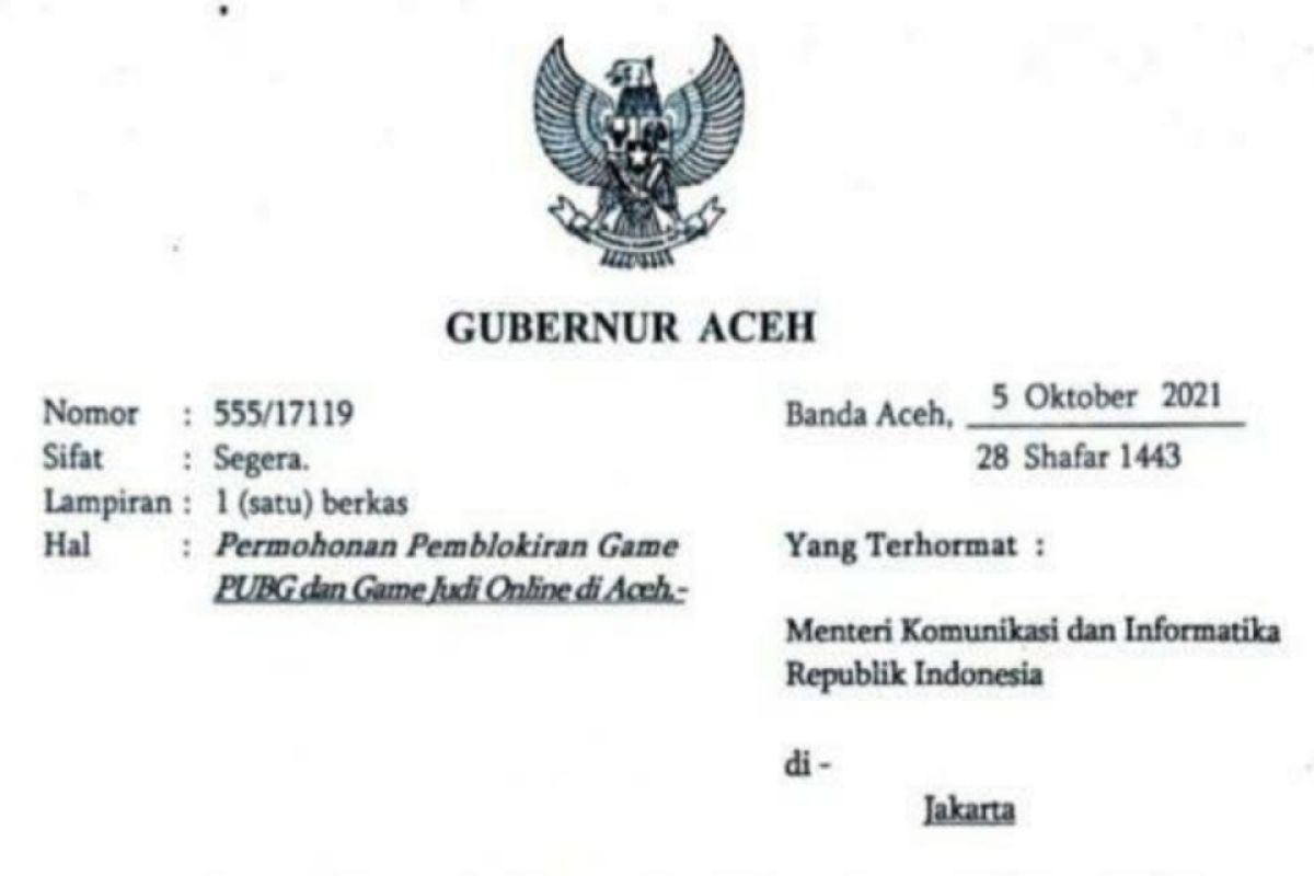 Gubernur Aceh minta Menkominfo blokir situs PUBG dan game judi daring