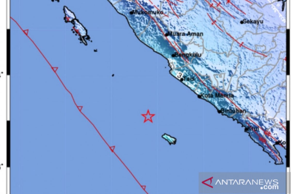 Gempa dengan magnitudo 5.4 terjadi di barat laut Enggano, Bengkulu