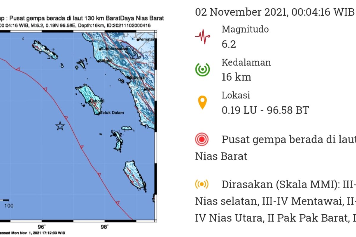 Gempa Bumi magnitudo 5.0 guncang Pulau Nias Selasa malam