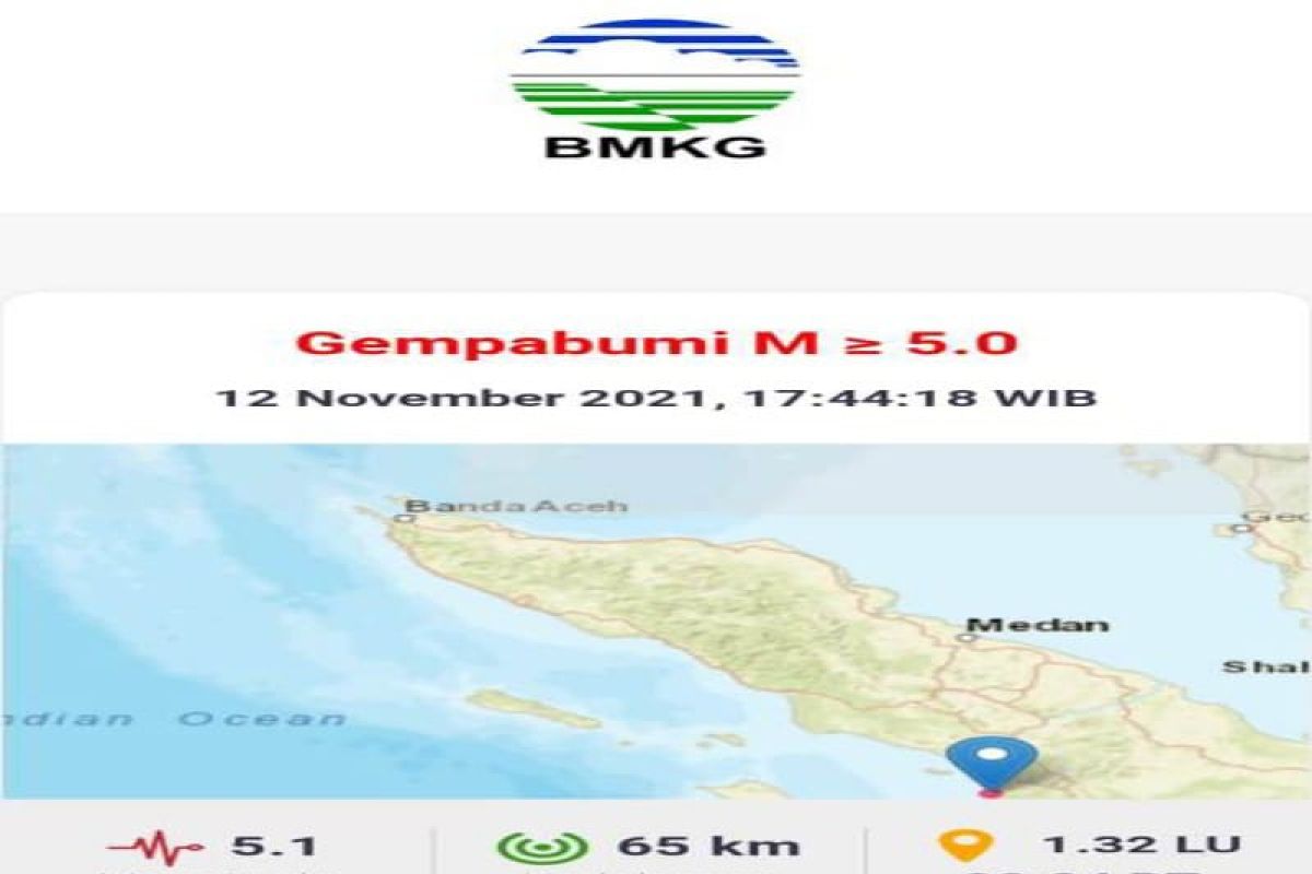 Gempa berkekuatan 5,1 terjadi di Tapteng