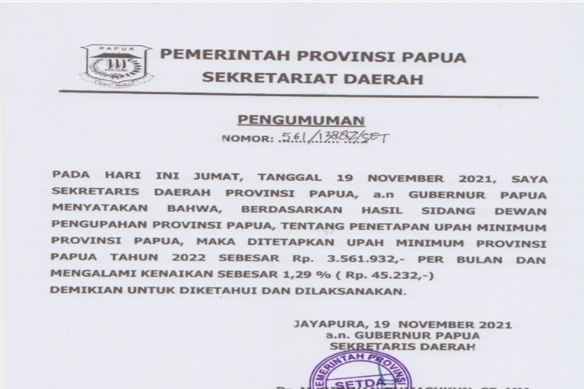 Naik 1,29 persen, UMP 2022 Papua ditetapkan sebesar Rp3.561.932