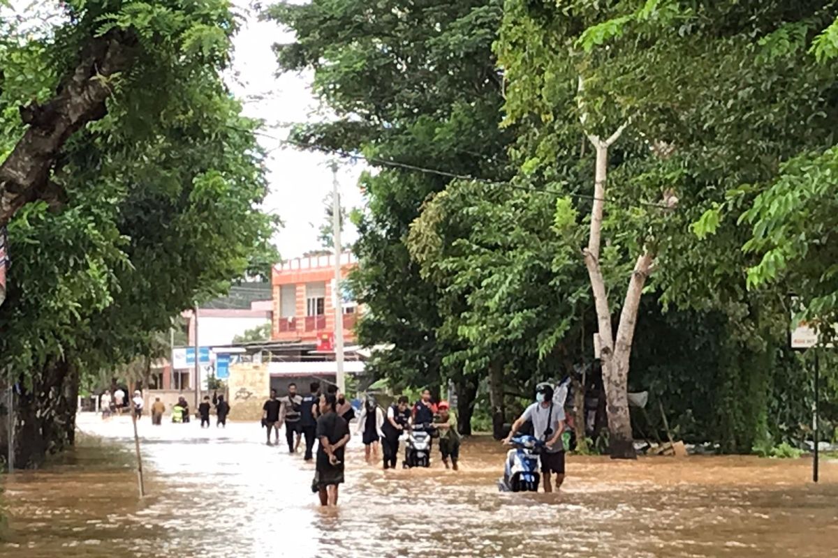 Nekat terobos genangan banjir di Jalan Meninting, puluhan sepeda motor mati mesin