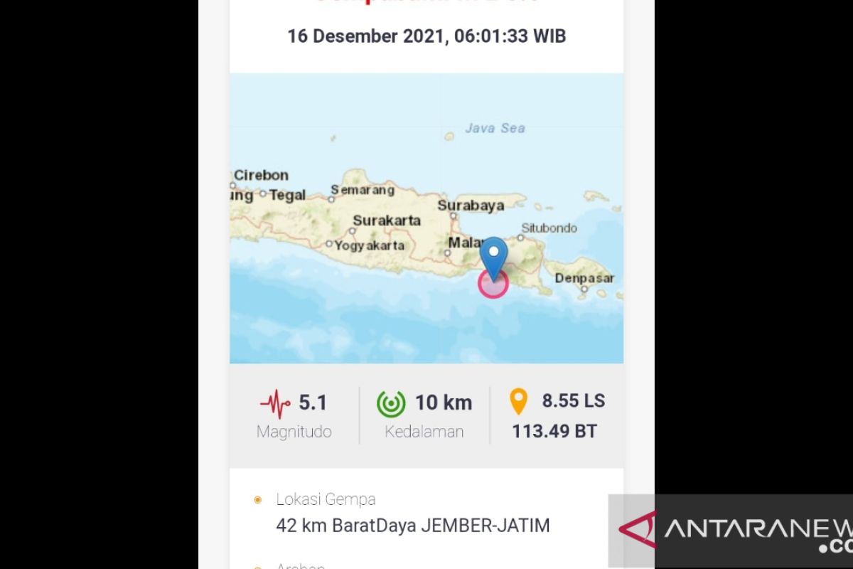 Gempa bumi magnitudo 5,1 di Jember tidak berpotensi tsunami