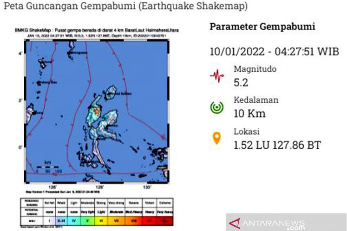 Gempa magnitudo 5,2 guncang wilayah Halmahera Utara