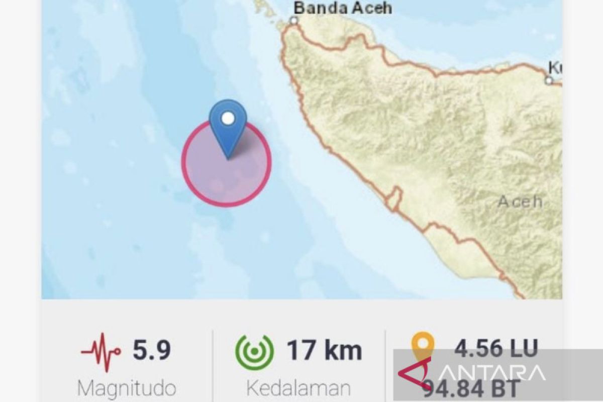 Gempa bumi magnitudo  5,9 melanda Aceh Jaya