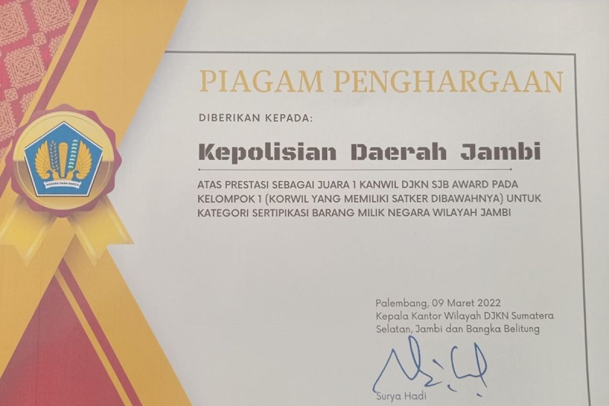 Polda Jambi terima penghargaan sertifikasi barang milik negara dari DJKN