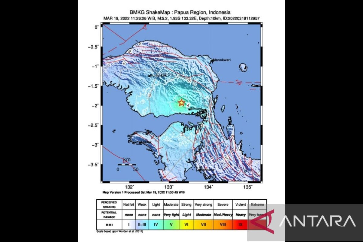 Gempa dengan magnitudo 5,2 terjadi di Teluk Bintuni Papua Barat