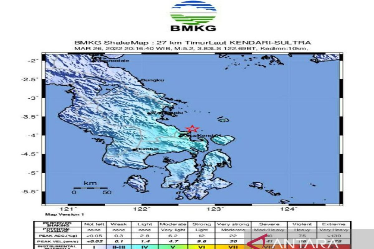 Gempa magnitudo 5,2 di Kendari tidak berpotensi tsunami