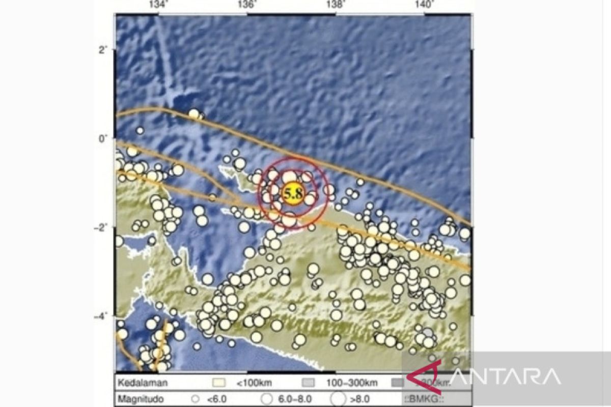 Gempa dengan magnitudo 5,8 terjadi di timur laut Kepulauan Yapen Papua