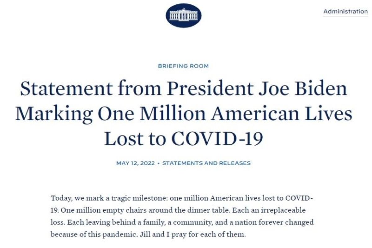 Presiden Joe Biden kenang satu juta warga AS yang wafat oleh COVID sebagai "tonggak tragis"