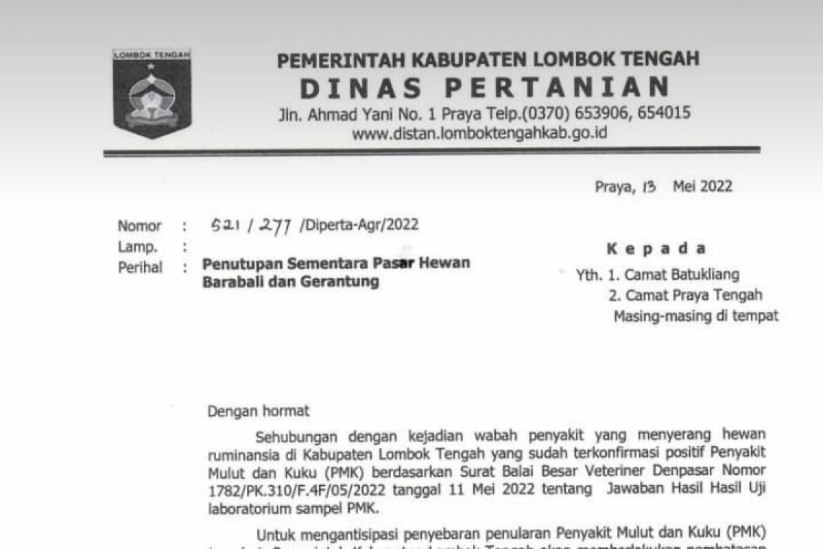 Semua pasar Hewan di Lombok Tengah ditutup