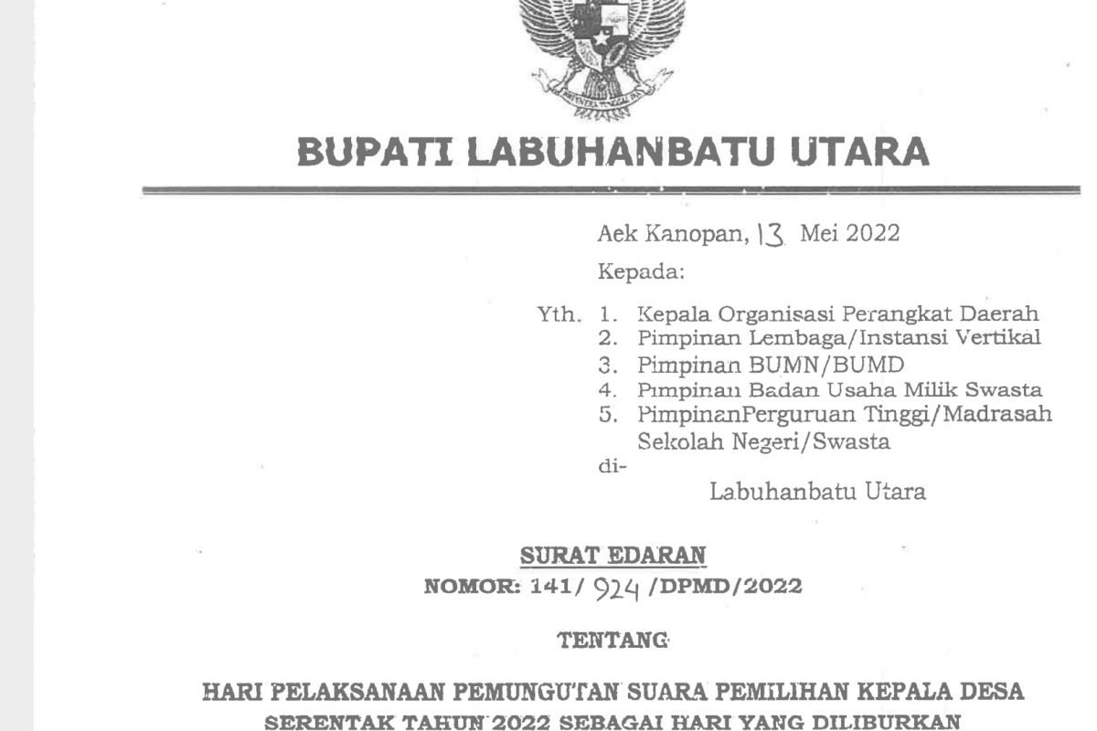 Pilkades serentak, Bupati Labura keluarkan edaran liburan