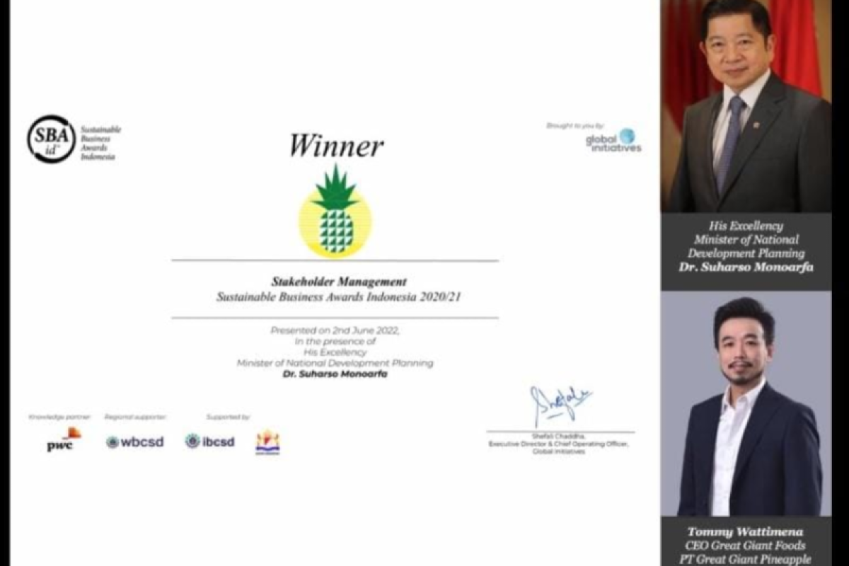 Great Giant Foods raih dua penghargaan dalam Sustainable Business Awards (SBA) 2022