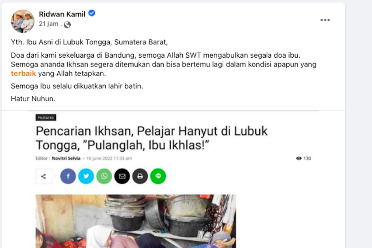 Ridwan Kamil sampaikan ucapan duka untuk ibu di Padang yang anaknya hanyut