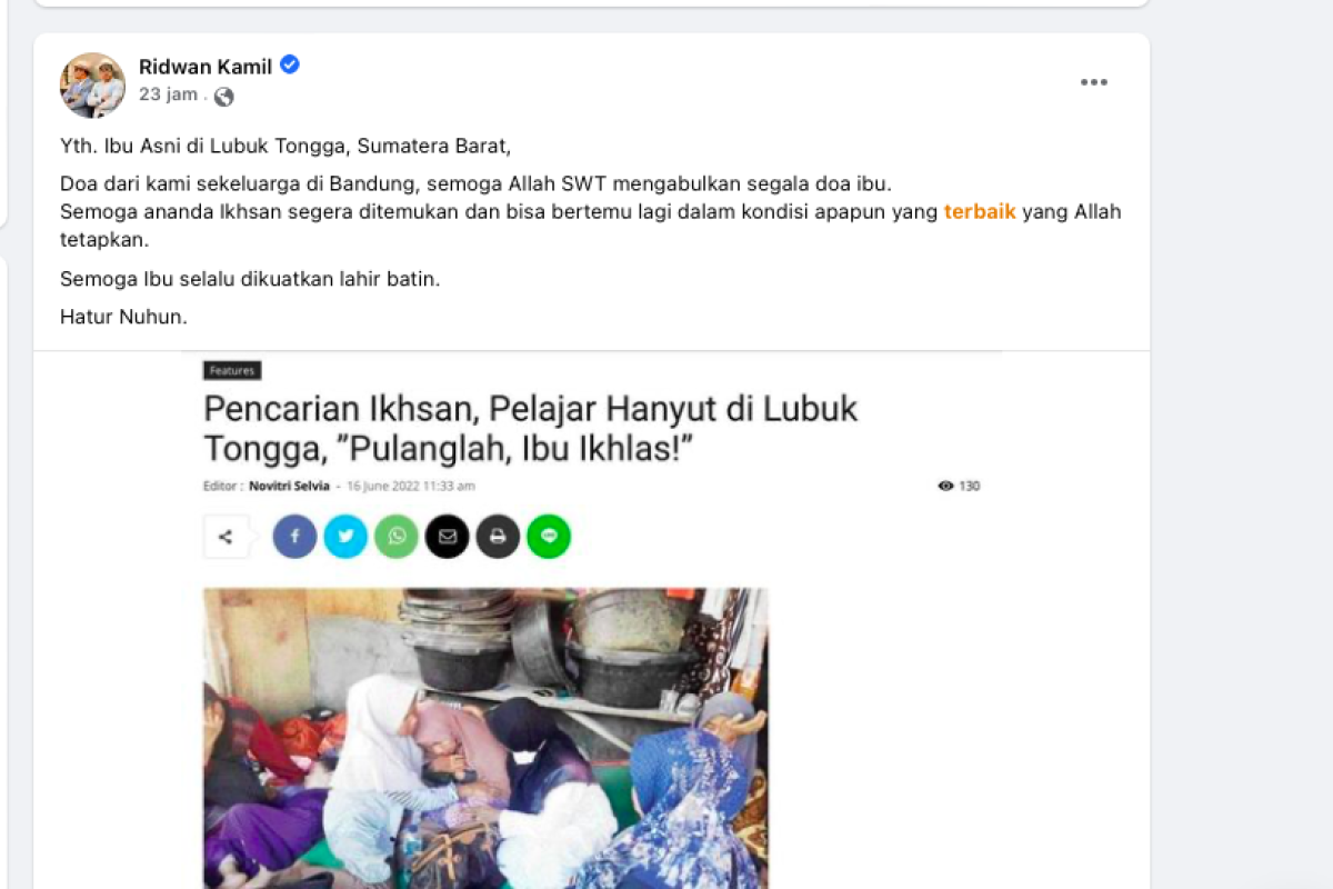 Ridwan Kamil beri ucapan duka buat ibu di Padang yang anaknya hanyut
