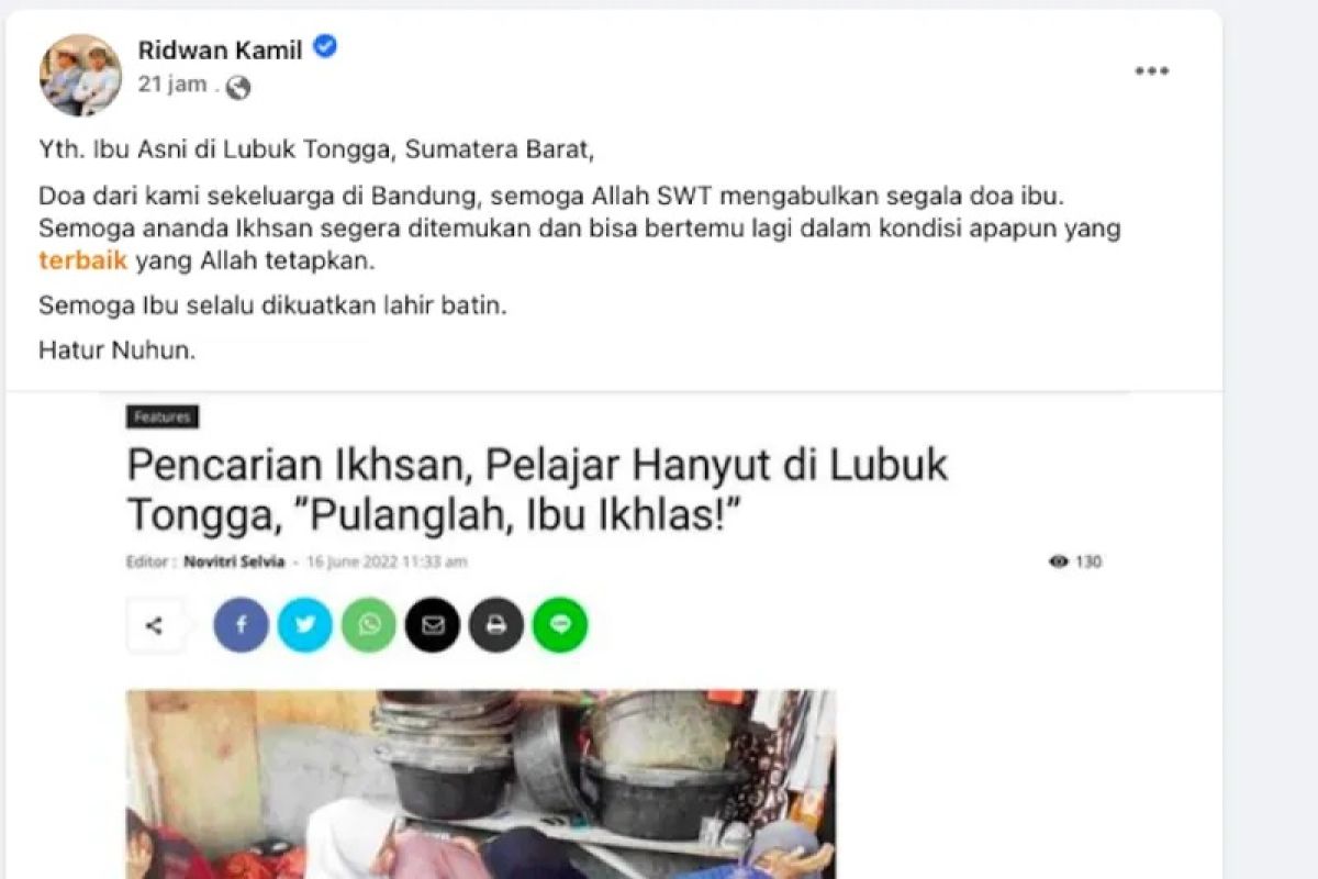 Ridwan Kamil ucapkan duka untuk ibu di Padang yang anaknya hanyut belum ditemukan