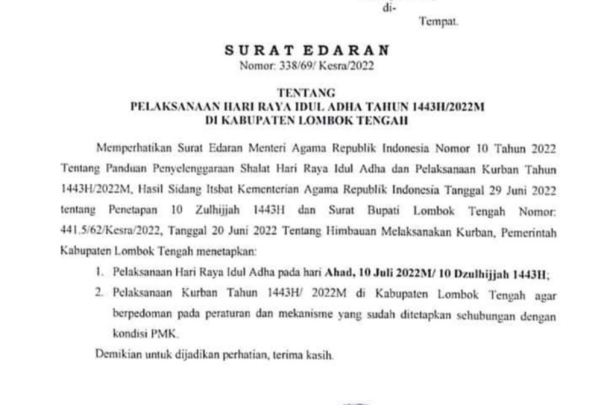 Bupati Lombok Tengah mengimbau warga Shalat Idul Adha 10 Juli