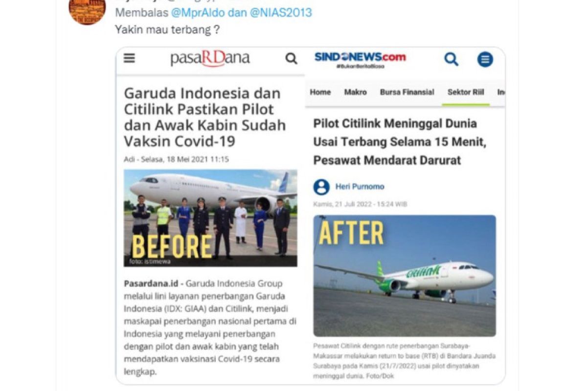 Hoaks, Pilot Citilink Meninggal Karena Vaksin COVID-19 - ANTARA News Bali