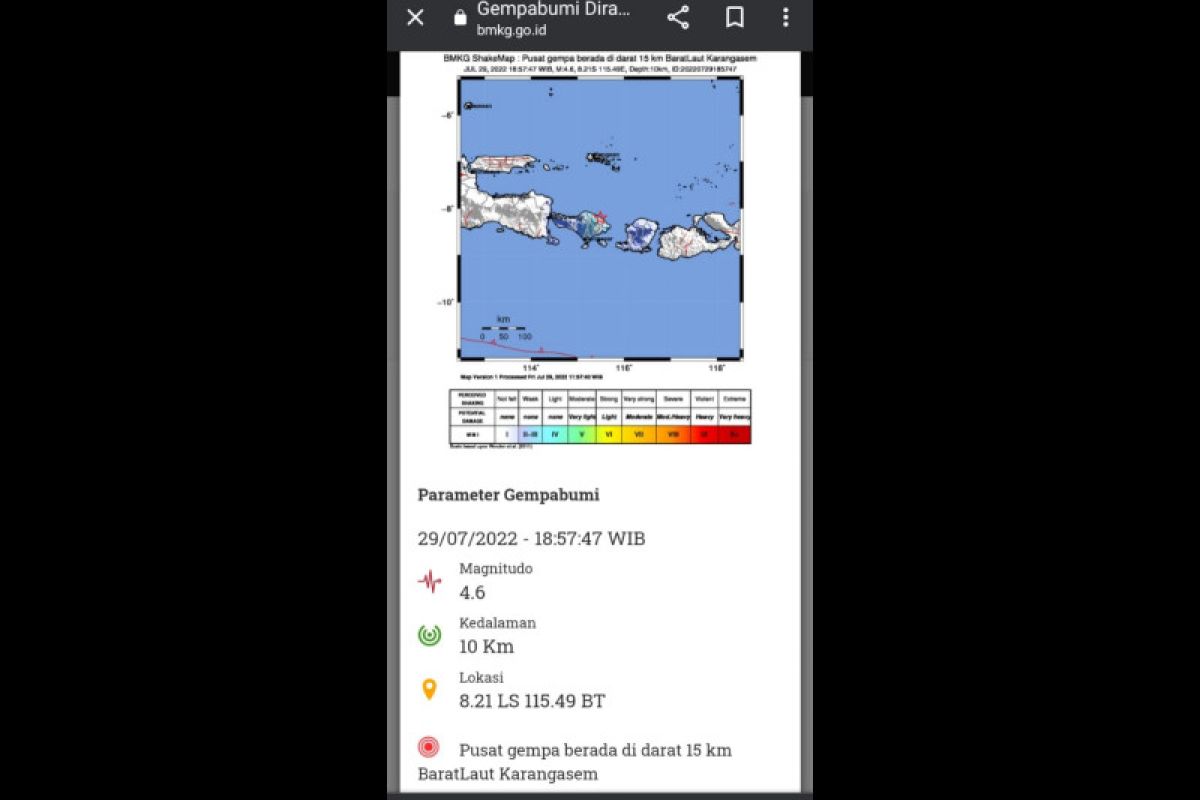 Gempa magnitudo 4,6 Karang Asem Bali dirasakan Mataram dan Lombok Barat