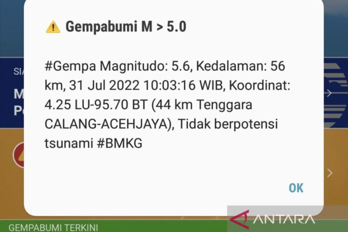 Aceh Jaya diguncang gempa bumi dengan kekuatan magnitudo 5,6