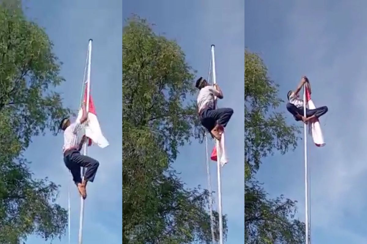 Tali tersangkut, siswa panjat tiang bendera dan kibarkan merah putih HUT RI di Pidie