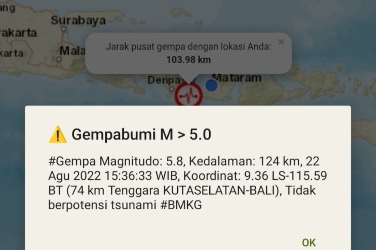 Warga panik, gempa bermagnitudo 5,8 di Bali terasa hingga Mataram