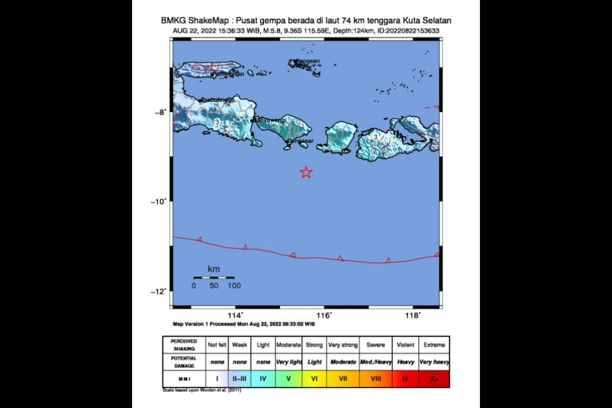 Magnitude 5.8 quake strikes south of Bali on Monday evening