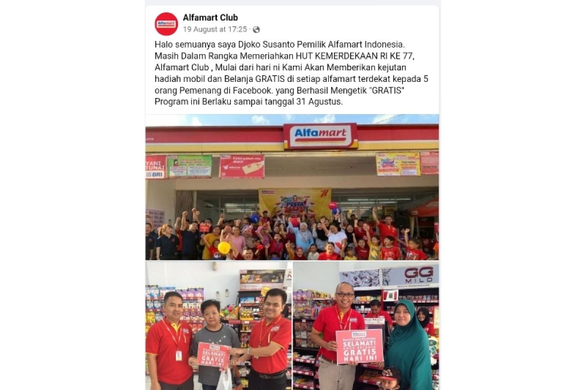 Hoaks! Alfamart bagikan mobil dan belanja gratis