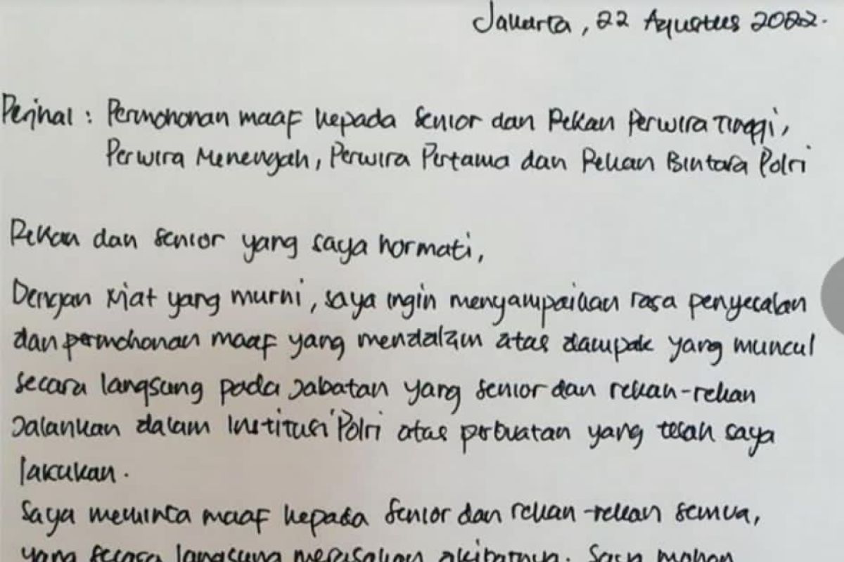 Polisi tembak polisi, Ferdy Sambo tulis surat minta maaf kepada sejawat Polri