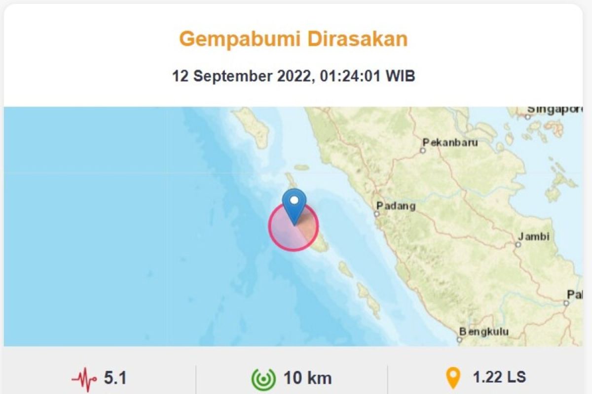 Gempa M 5,1 terjadi di Kepulauan Mentawai, Sumbar