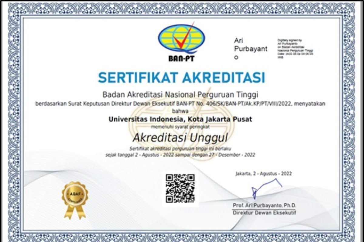 UI peroleh sertifikat akreditasi unggul sebagai perguruan tinggi